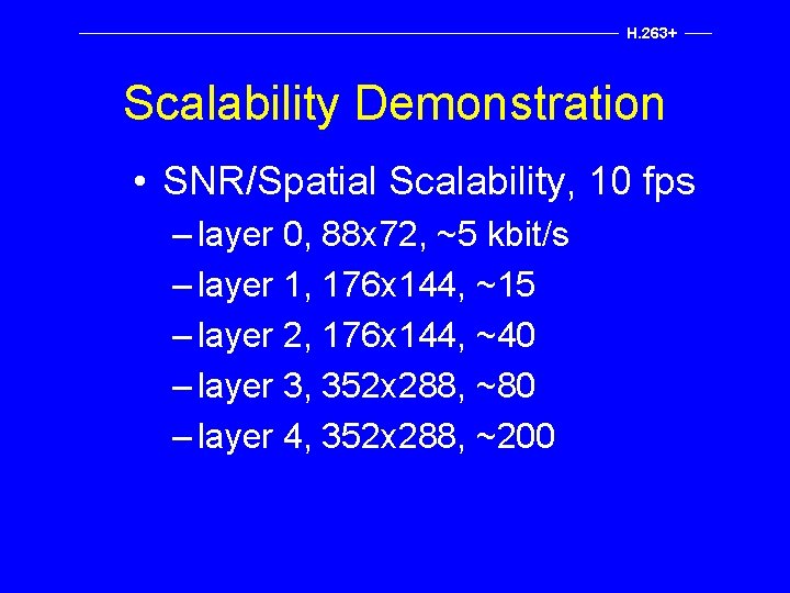 H. 263+ Scalability Demonstration • SNR/Spatial Scalability, 10 fps – layer 0, 88 x