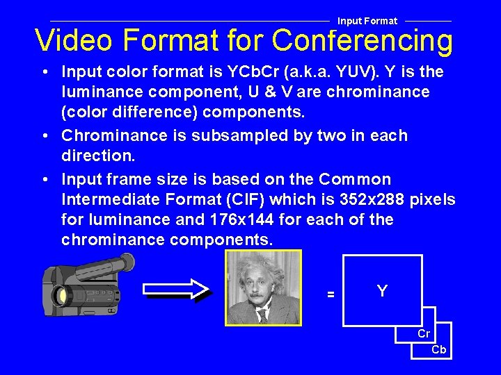 Input Format Video Format for Conferencing • Input color format is YCb. Cr (a.