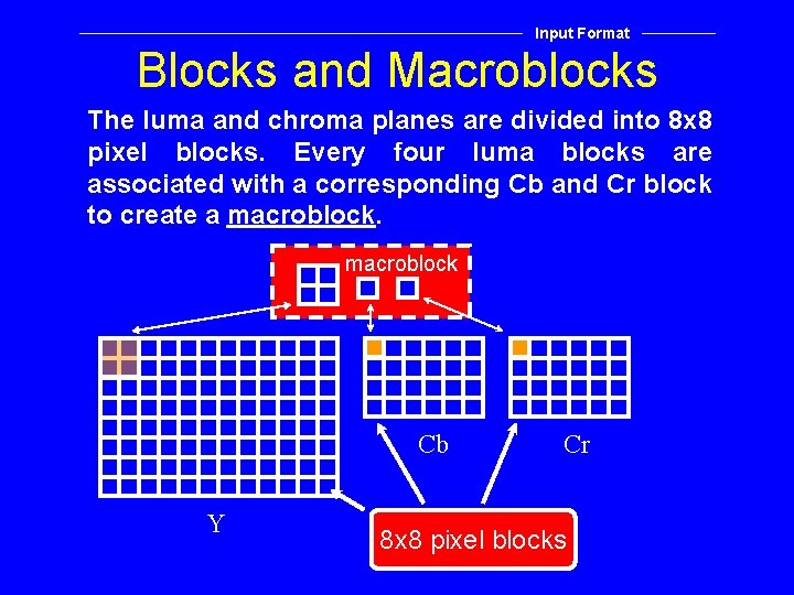 Input Format Blocks and Macroblocks The luma and chroma planes are divided into 8