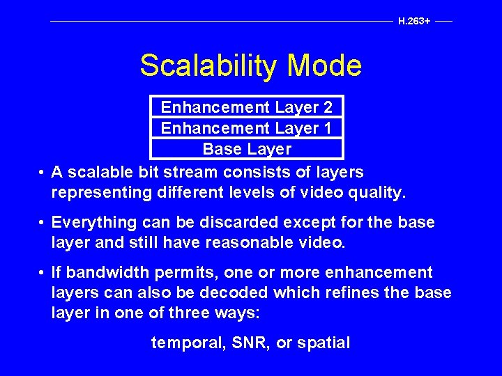 H. 263+ Scalability Mode Enhancement Layer 2 Enhancement Layer 1 Base Layer • A