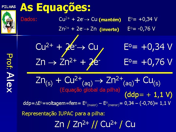 PILHAS As Equações: Dados: Cu 2+ + 2 e- Cu (mantém) Eo= +0, 34