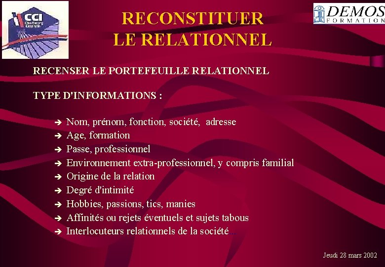 RECONSTITUER LE RELATIONNEL RECENSER LE PORTEFEUILLE RELATIONNEL TYPE D'INFORMATIONS : Nom, prénom, fonction, société,