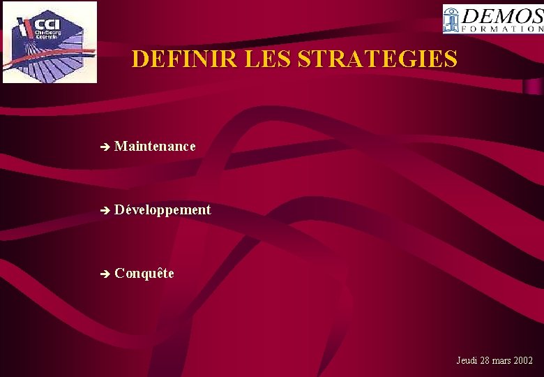  DEFINIR LES STRATEGIES Maintenance Développement Conquête Jeudi 28 mars 2002 