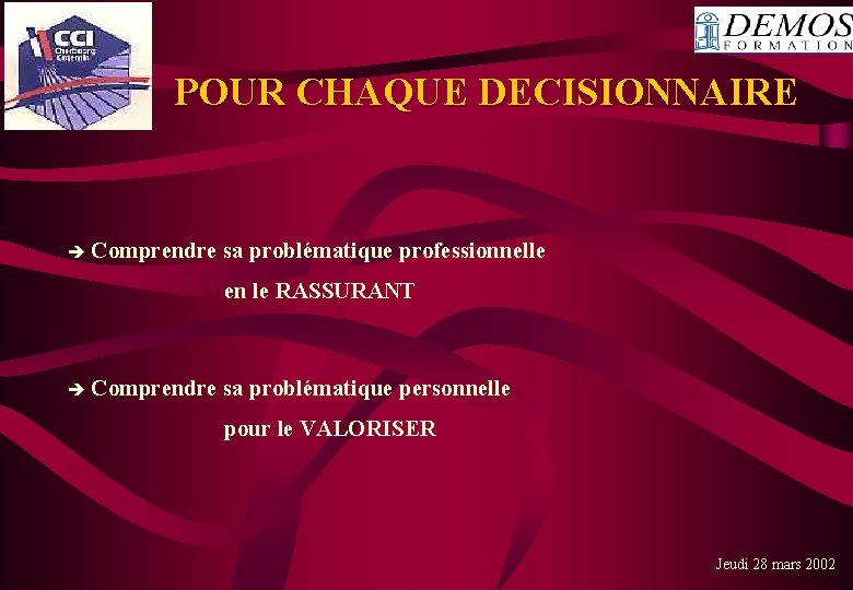  POUR CHAQUE DECISIONNAIRE Comprendre sa problématique professionnelle en le RASSURANT Comprendre sa problématique