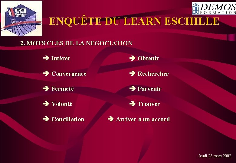  ENQUÊTE DU LEARN ESCHILLE 2. MOTS CLES DE LA NEGOCIATION Intérêt Obtenir Convergence