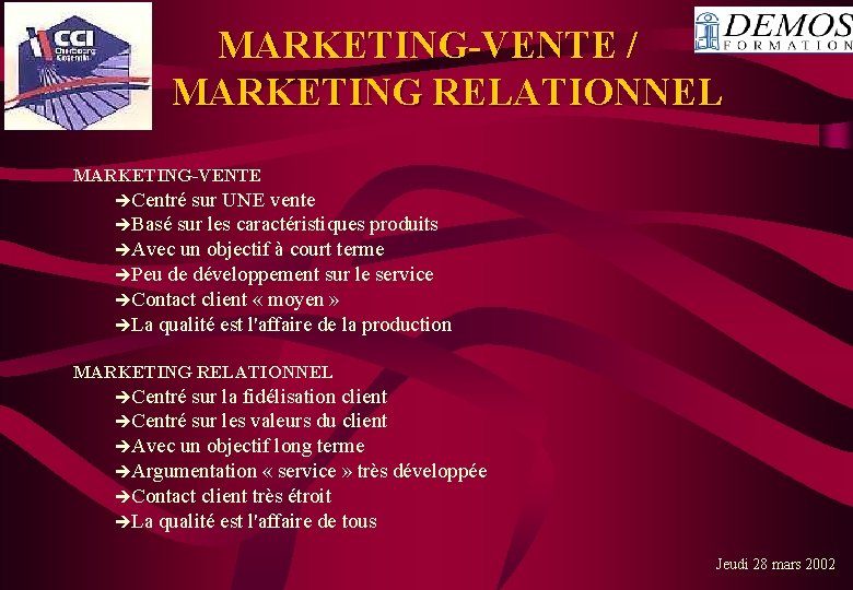 MARKETING-VENTE / MARKETING RELATIONNEL MARKETING-VENTE Centré sur UNE vente Basé sur les caractéristiques produits