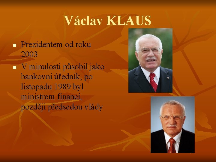 Václav KLAUS n n Prezidentem od roku 2003 V minulosti působil jako bankovní úředník,