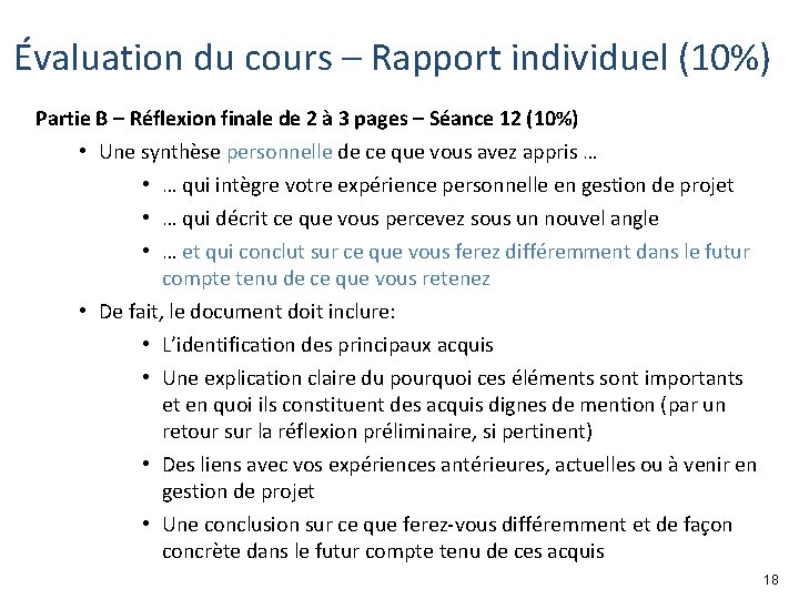 Évaluation du cours – Rapport individuel (10%) Partie B – Réflexion finale de 2 Évaluation du cours – Rapport individuel (10%) Partie B – Réflexion finale de 2
