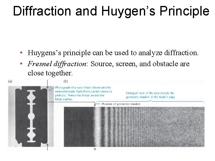 Diffraction and Huygen’s Principle • Huygens’s principle can be used to analyze diffraction. • Diffraction and Huygen’s Principle • Huygens’s principle can be used to analyze diffraction. •