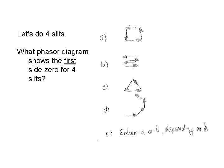 Let’s do 4 slits. What phasor diagram shows the first side zero for 4 Let’s do 4 slits. What phasor diagram shows the first side zero for 4