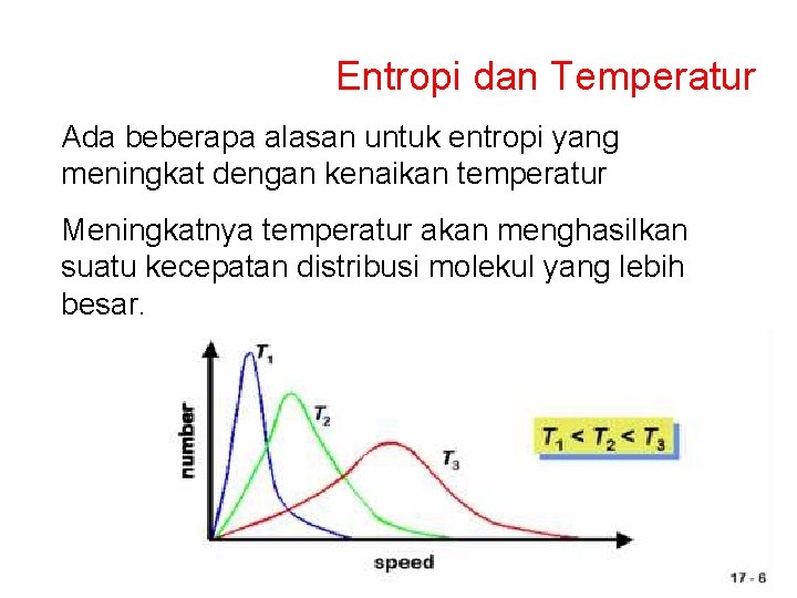 Entropi dan Temperatur Ada beberapa alasan untuk entropi yang meningkat dengan kenaikan temperatur Meningkatnya