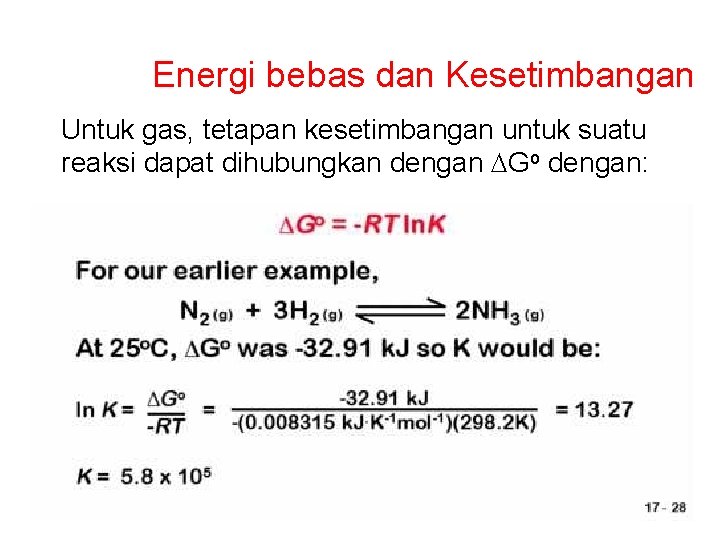 Energi bebas dan Kesetimbangan Untuk gas, tetapan kesetimbangan untuk suatu reaksi dapat dihubungkan dengan