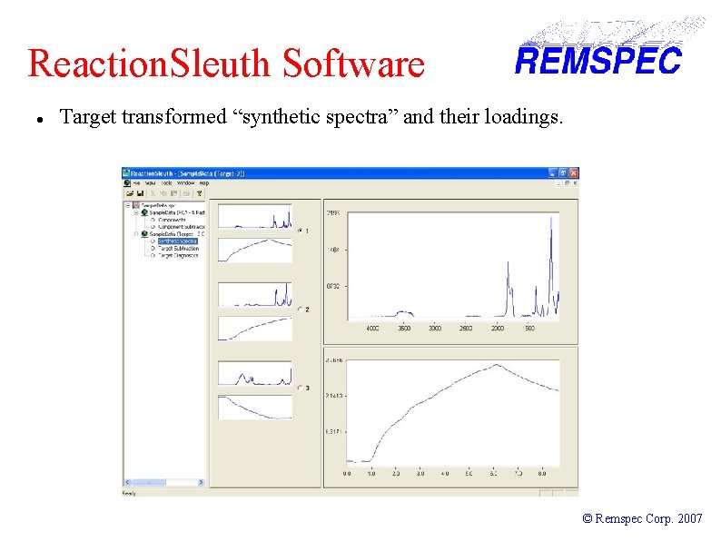 Reaction. Sleuth Software Target transformed “synthetic spectra” and their loadings. © Remspec Corp. 2007