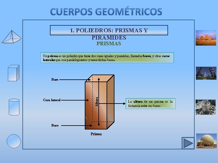1. POLIEDROS: PRISMAS Y PIRÁMIDES PRISMAS Un prisma es un poliedro que tiene dos 1. POLIEDROS: PRISMAS Y PIRÁMIDES PRISMAS Un prisma es un poliedro que tiene dos