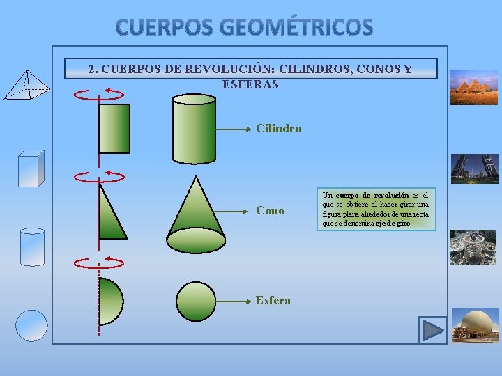 2. CUERPOS DE REVOLUCIÓN: CILINDROS, CONOS Y ESFERAS Cilindro Cono Esfera Un cuerpo de 2. CUERPOS DE REVOLUCIÓN: CILINDROS, CONOS Y ESFERAS Cilindro Cono Esfera Un cuerpo de