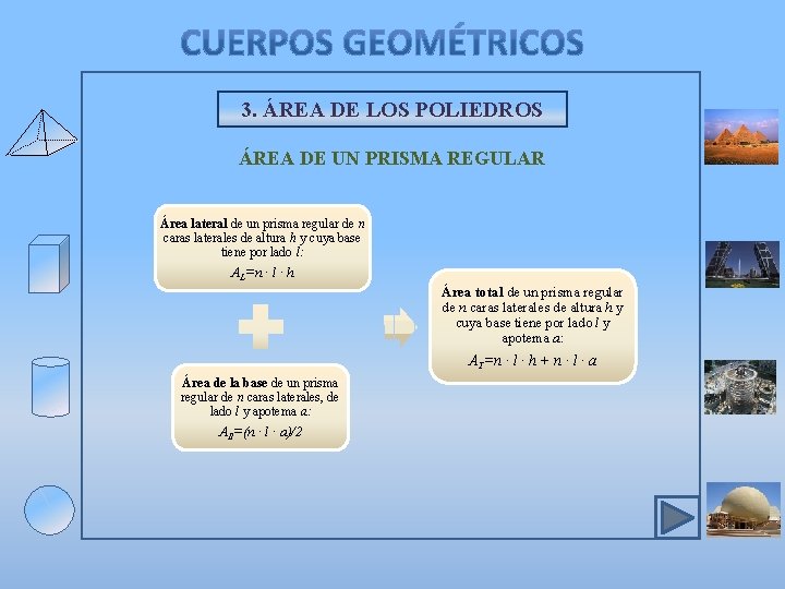 3. ÁREA DE LOS POLIEDROS ÁREA DE UN PRISMA REGULAR Área lateral de un