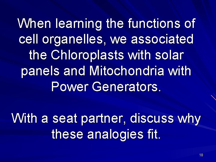 When learning the functions of cell organelles, we associated the Chloroplasts with solar panels