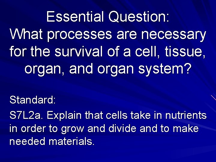 Essential Question: What processes are necessary for the survival of a cell, tissue, organ,