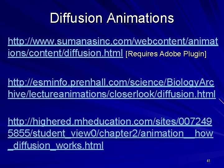 Diffusion Animations http: //www. sumanasinc. com/webcontent/animat ions/content/diffusion. html [Requires Adobe Plugin] http: //esminfo. prenhall.