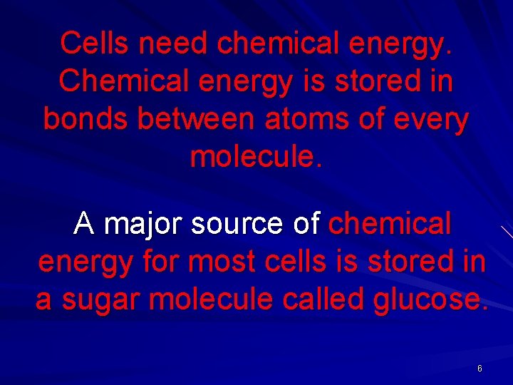 Cells need chemical energy. Chemical energy is stored in bonds between atoms of every