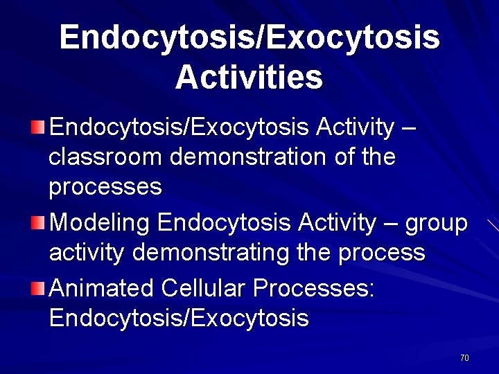 Endocytosis/Exocytosis Activities Endocytosis/Exocytosis Activity – classroom demonstration of the processes Modeling Endocytosis Activity –