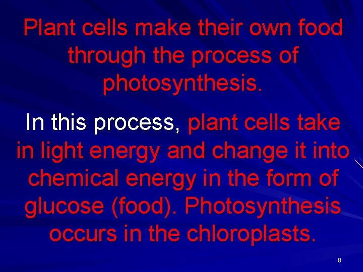 Plant cells make their own food through the process of photosynthesis. In this process,