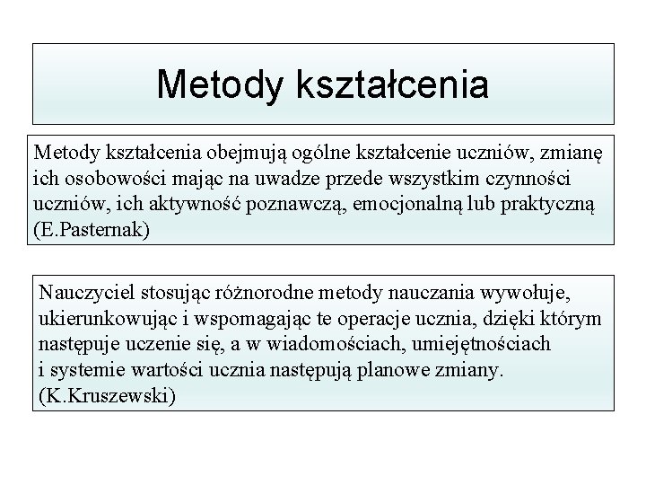 Metody kształcenia obejmują ogólne kształcenie uczniów, zmianę ich osobowości mając na uwadze przede wszystkim