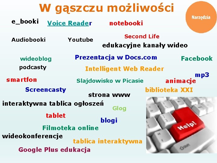 W gąszczu możliwości e_booki Voice Reader Audiobooki Youtube wideoblog podcasty notebooki Second Life edukacyjne