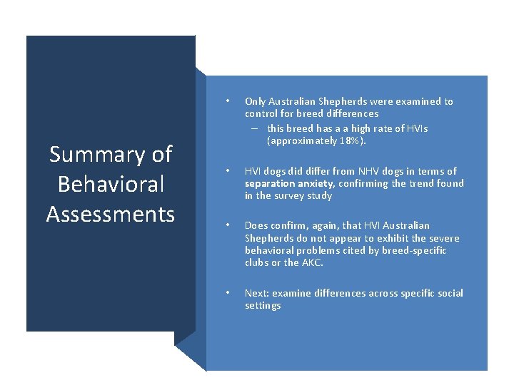 Summary of Behavioral Assessments • Only Australian Shepherds were examined to control for breed