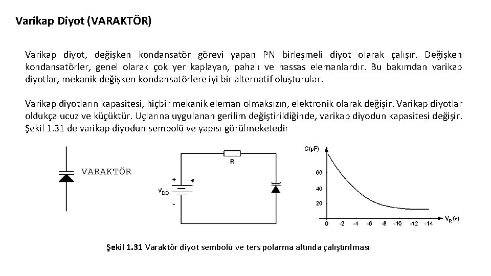 Varikap Diyot (VARAKTÖR) Varikap diyot, değişken kondansatör görevi yapan PN birleşmeli diyot olarak çalışır.