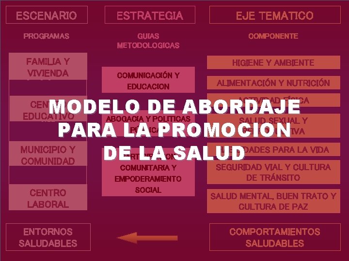 ESCENARIO ESTRATEGIA EJE TEMATICO PROGRAMAS GUIAS METODOLOGICAS COMPONENTE FAMILIA Y VIVIENDA INDIVIDUO HIGIENE Y