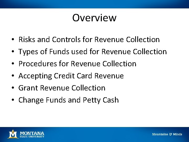 Overview • • • Risks and Controls for Revenue Collection Types of Funds used Overview • • • Risks and Controls for Revenue Collection Types of Funds used