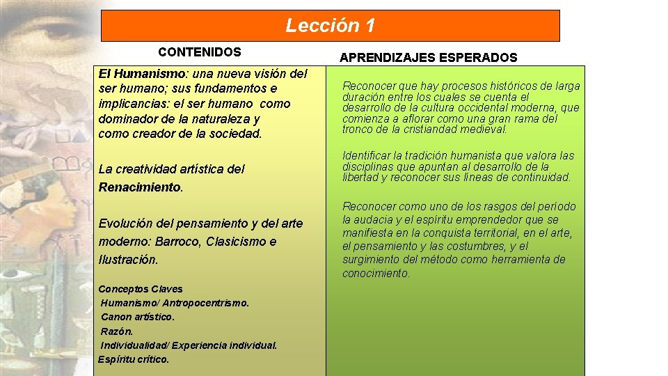 Lección 1 CONTENIDOS El Humanismo: una nueva visión del ser humano; sus fundamentos e Lección 1 CONTENIDOS El Humanismo: una nueva visión del ser humano; sus fundamentos e