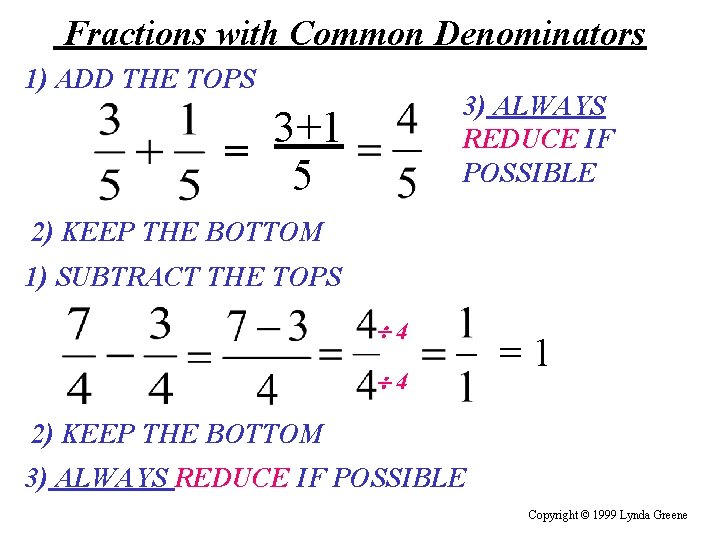 Fractions with Common Denominators 1) ADD THE TOPS 3) ALWAYS REDUCE IF POSSIBLE 3+1