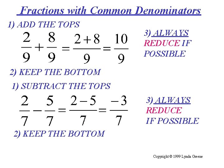 Fractions with Common Denominators 1) ADD THE TOPS 3) ALWAYS REDUCE IF POSSIBLE 2)