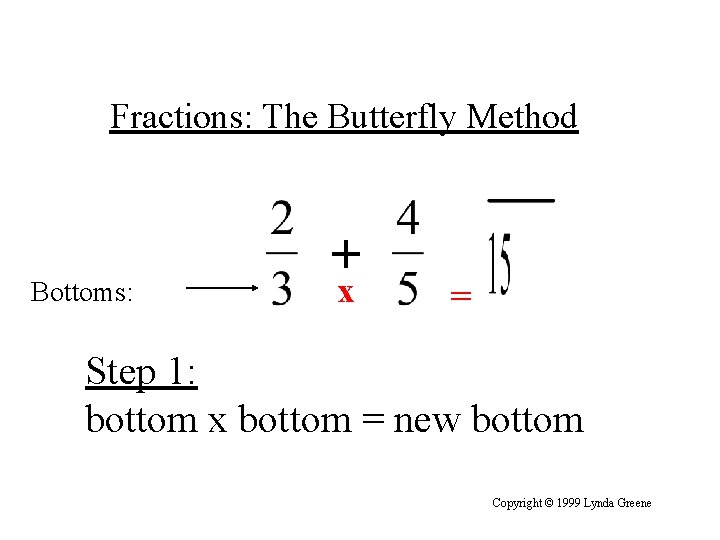 Fractions: The Butterfly Method Bottoms: + x = Step 1: bottom x bottom =