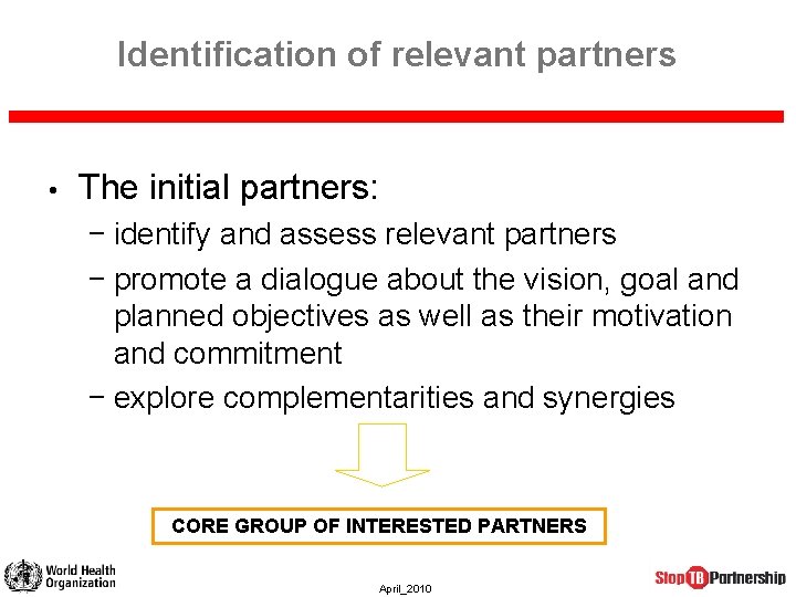 Identification of relevant partners • The initial partners: − identify and assess relevant partners