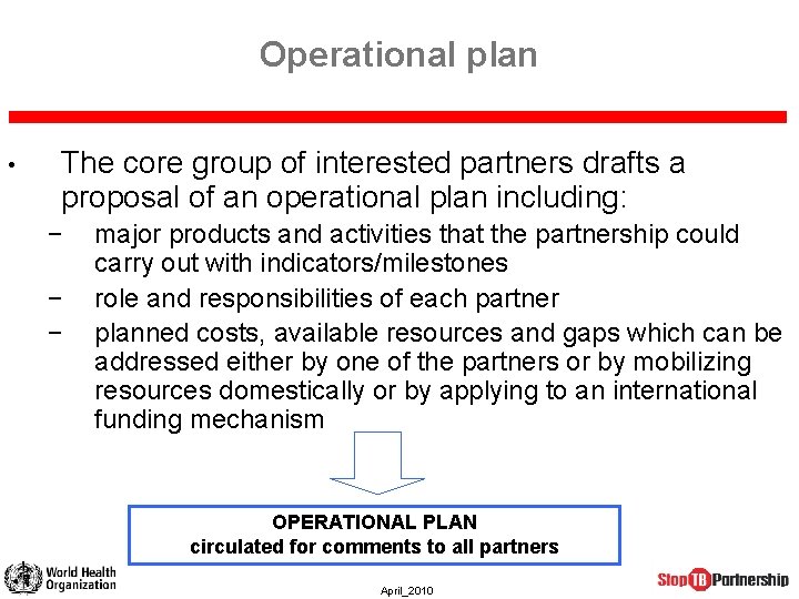 Operational plan • The core group of interested partners drafts a proposal of an