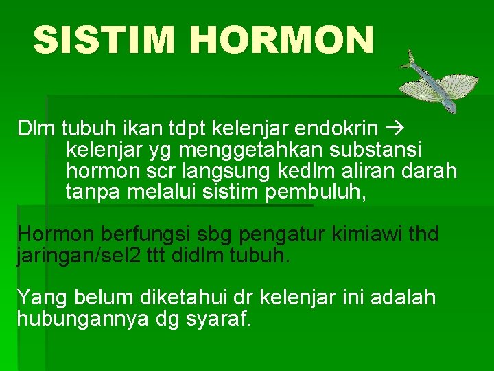 SISTIM HORMON Dlm tubuh ikan tdpt kelenjar endokrin kelenjar yg menggetahkan substansi hormon scr
