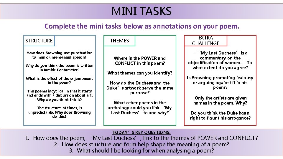 MINI TASKS Complete the mini tasks below as annotations on your poem. STRUCTURE How