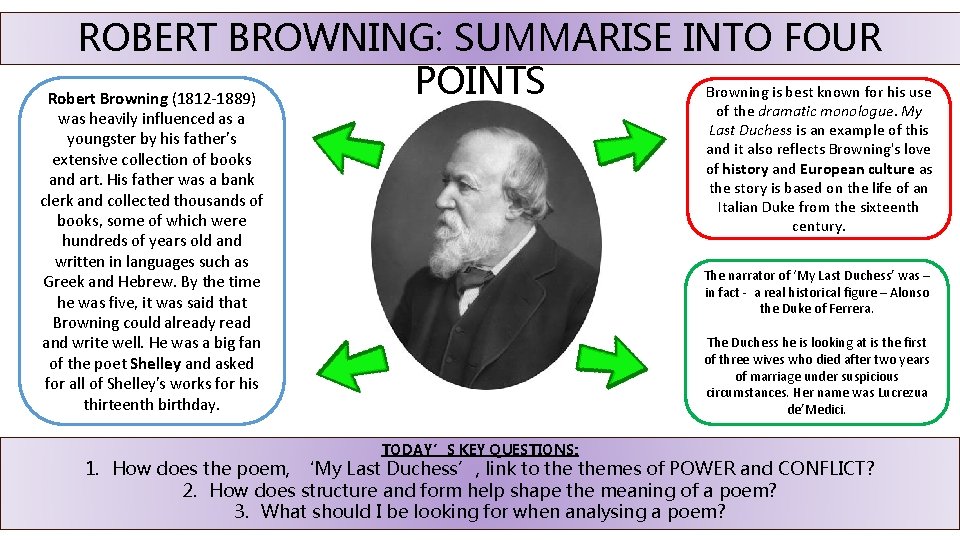 ROBERT BROWNING: SUMMARISE INTO FOUR POINTS Browning is best known for his use Robert