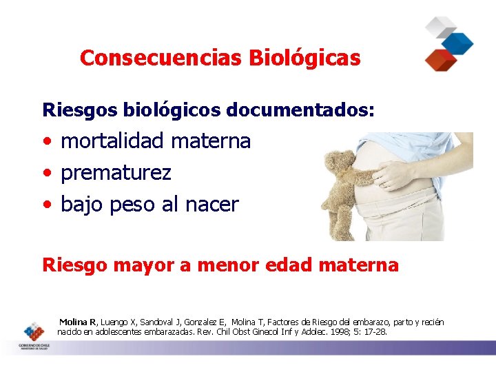 Consecuencias Biológicas Riesgos biológicos documentados: • mortalidad materna • prematurez • bajo peso al