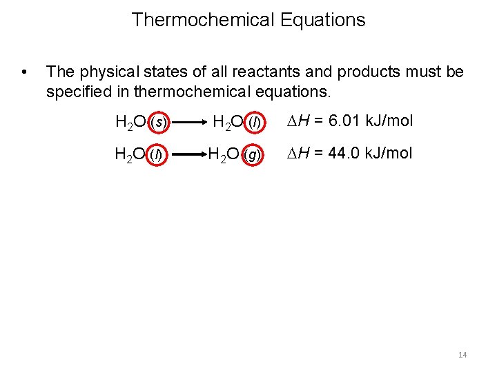 Thermochemical Equations • The physical states of all reactants and products must be specified