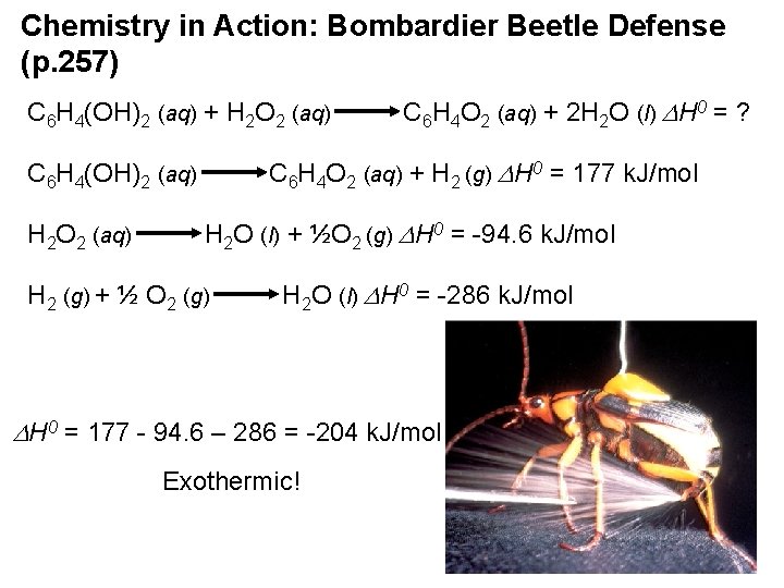 Chemistry in Action: Bombardier Beetle Defense (p. 257) C 6 H 4(OH)2 (aq) +