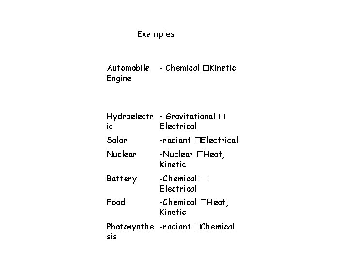 Examples Automobile Engine - Chemical �Kinetic Hydroelectr - Gravitational � ic Electrical Solar -radiant