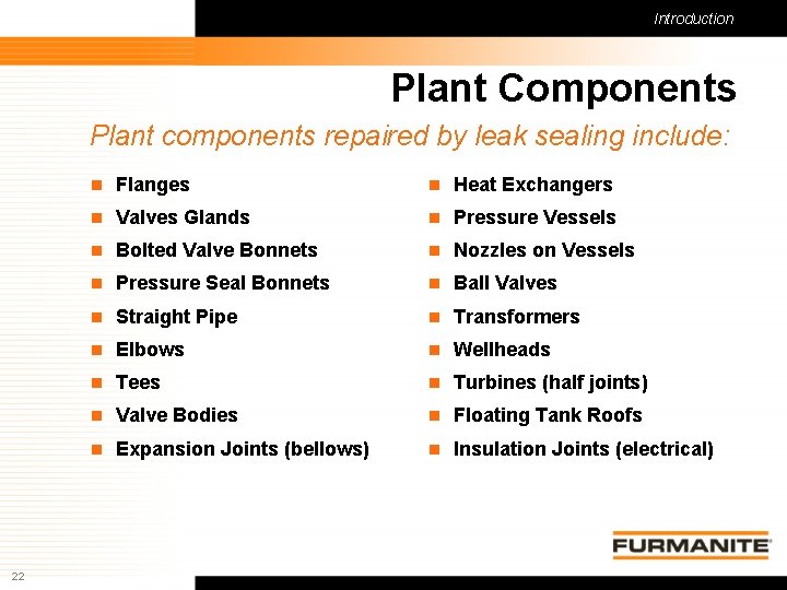 Introduction Plant Components Plant components repaired by leak sealing include: 22 n Flanges n