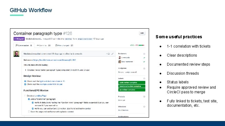 Git. Hub Workflow Some useful practices ● 1 -1 correlation with tickets ● Clear