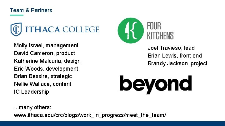 Team & Partners Molly Israel, management David Cameron, product Katherine Malcuria, design Eric Woods,