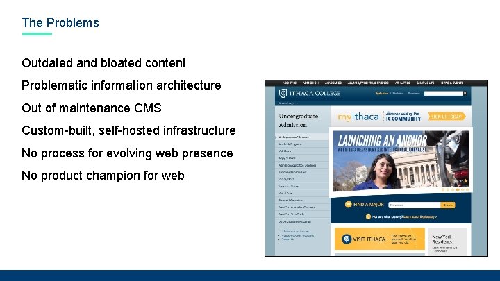 The Problems Outdated and bloated content Problematic information architecture Out of maintenance CMS Custom-built,