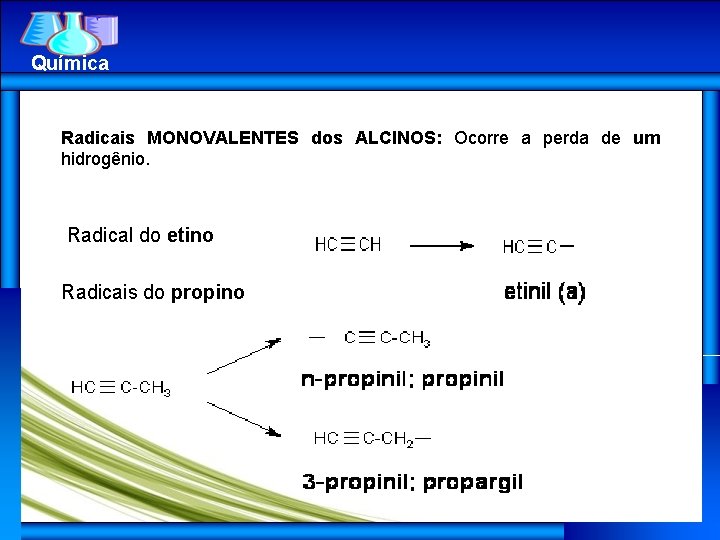 Química Radicais MONOVALENTES dos ALCINOS: Ocorre a perda de um hidrogênio. Radical do etino